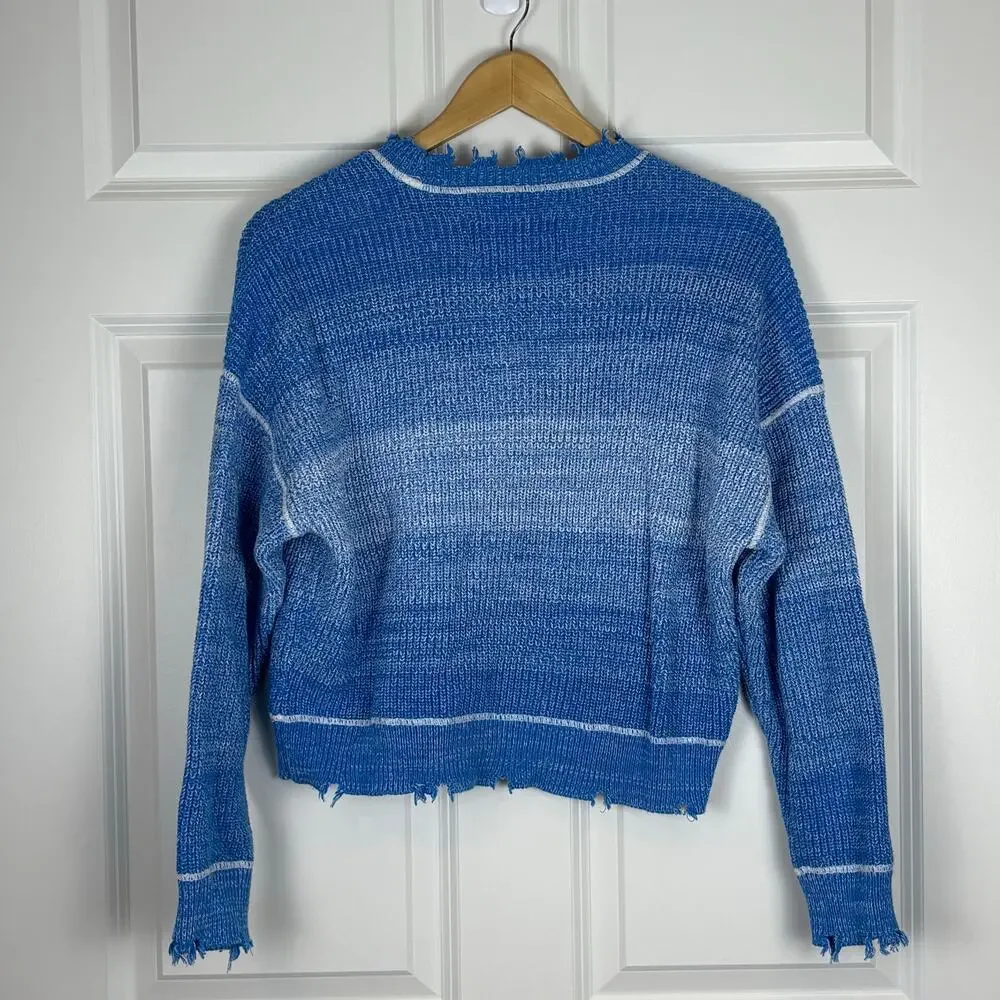 Pistola Blue Distressed Knitted Long Sleeved Sweater Chic Women's Size Small